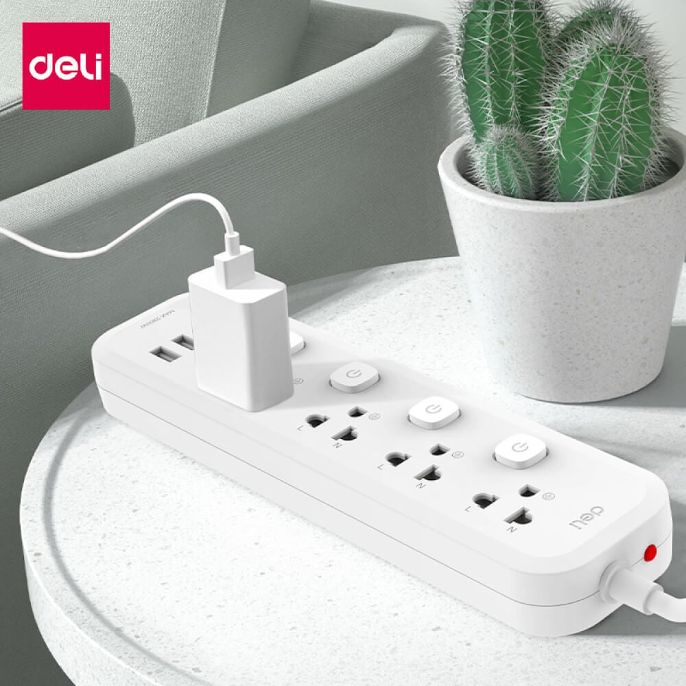 รางปลั๊กไฟ 4ช่อง 2USB 1TypeC Deli CT477-WH-01 ความยาวสาย 3 เมตร สีขาว